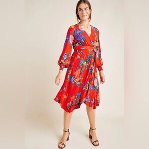 Anthropologie Boswell Textured Wrap Tunic Red Floral Midi Dress Boho 0 Brunch
